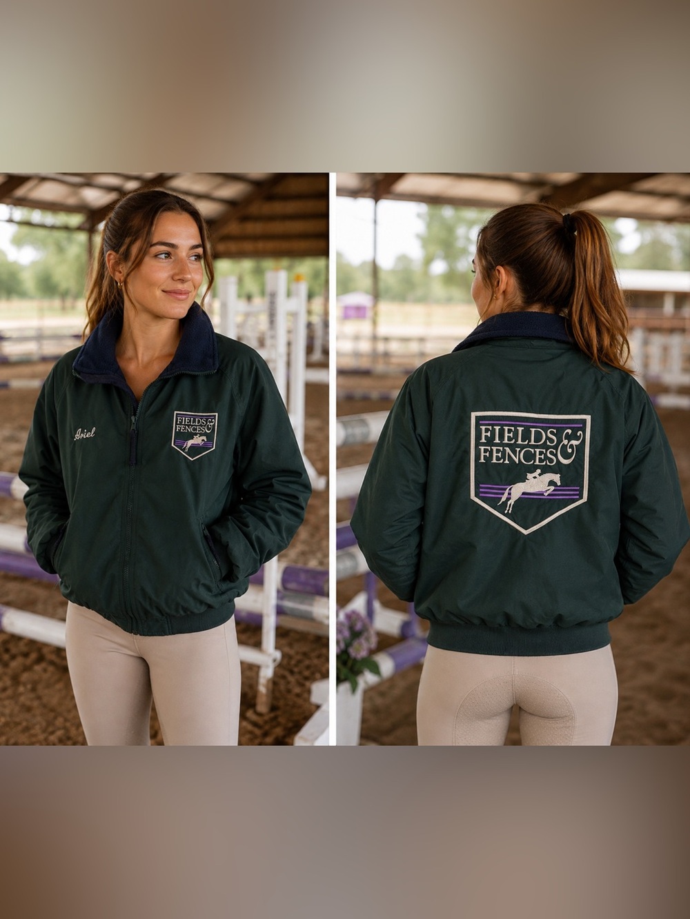 Fields & Fences Women's Dark Green Varsity Jacket with Contrast Collar
